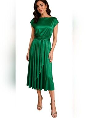 Vintage 70s Arthur Connell Emerald Green Jersey Midi Dress Belted DolmanSleeve S